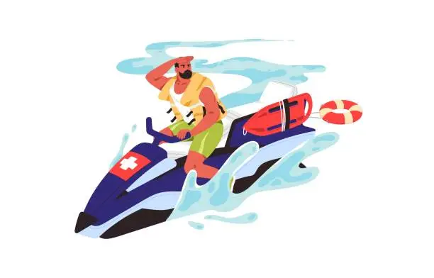 Vector illustration of Beach lifeguard drives water scooter, looking for people to rescue. Rescuer patrols sea on jet ski. Personal watercraft to provide emergency aid, lifesaving. Flat isolated vector illustration on white