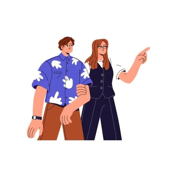 Vector illustration of Couple on romantic date goes arm in hand. People walk, stroll together. Young woman in glasses pointing with finger, shows with forefinger smth. Flat isolated vector illustration on white background