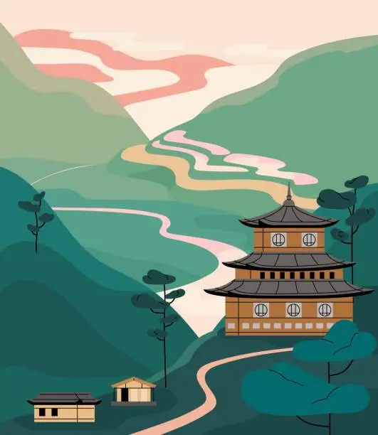 Vector illustration of Oriental nature: tea plantations, river in green mountain valley. Asia landscape. China architecture, traditional old buildings, Chinese pagoda. Summer countryside of Japan. Flat vector illustration