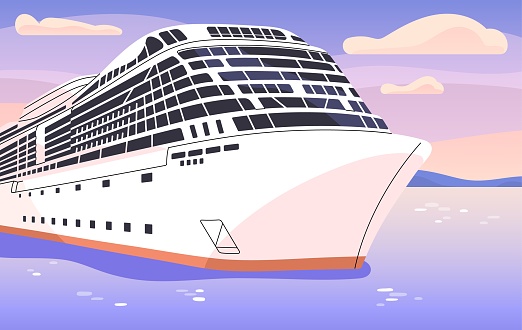Voyage, sea travel. Resort on cruise liner floating on the ocean. Journey by vessel, cruiser. Sunset light on water surface. People relax on big white ship at summer holidays. Flat vector illustration.