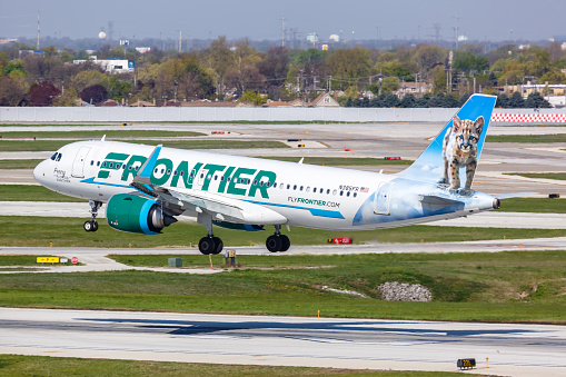 Chicago, United States - May 4, 2023: Frontier Airlines Airbus A320neo airplane at Chicago Midway Airport (MDW) in the United States.