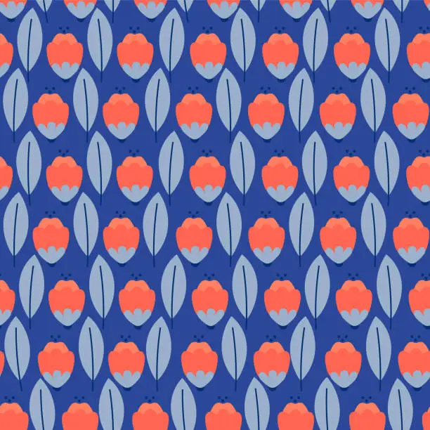 Vector illustration of Spring tulips buds seamless pattern. Bright flowers on blue background.