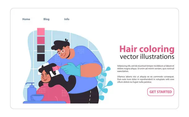 Vector illustration of Vibrant hair coloring process. A cheerful customer gets.