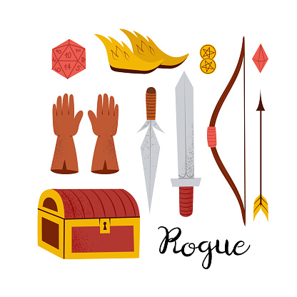 Hand drawn set with Rogue character equipment, goods and loot, rpg board game vector illustration, isolated on white