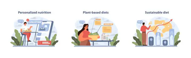 Vector illustration of Dietary Trends Concept Set. Modern nutrition choices depicted through personalized meal plans.