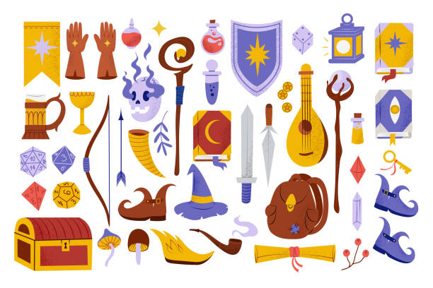 Big set with RPG adventure board game, Dungeons and Dragons Big set with RPG adventure board game, Dungeons and Dragons role playing game with dice illustrations collection. Hand drawn vector, isolated on white dungeons and dragons stock illustrations