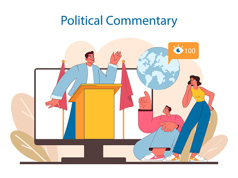 Civic Engagement Online concept. Digital representation of political commentary with citizens discussing global issues. Interactive civic discourse in a connected world. Flat vector illustration.
