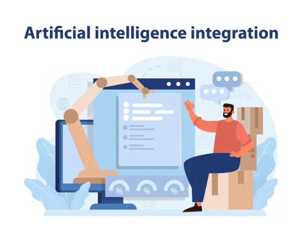 Vector illustration of Artificial Intelligence Integration. Man interacting with AI and data analytics in a retail setting.