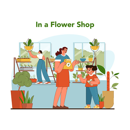 Flower shop discovery. Joyful young girl learning about diverse plant species, fertilizers and seeds in flower shop under guidance of friendly shopkeeper. Eco friendly hobby. Flat vector illustration
