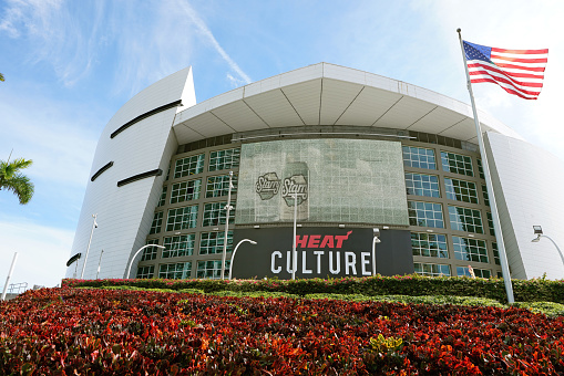 Miami, FL - USA - 11-30-2023: The Kaseya Center, formerly American Airlines Arena, home of the Miami Heat NBA basketball team, in downtown Miami