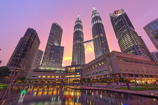 Kuala Lumpur, Malaysia financial district at dusk.
