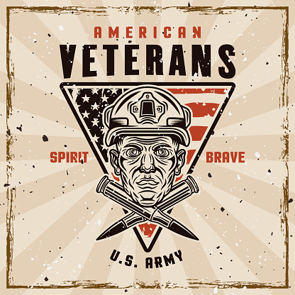 American veterans vector emblem with soldier head and two crossed bullets in vintage style. Illustration on background with removable grunge textures on separate layers
