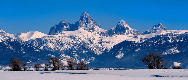 Teton Mountain Range Idaho Side in the Winter with Blue Sky and Forest