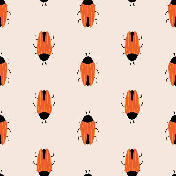 Vector illustration of Red beetles drawn vector illustration. Cute bugs insect in flat style seamless pattern for kids fabric or wallpaper.