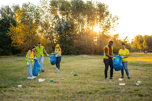 Group of young volunteers cleaning up garbage on the in the nature.