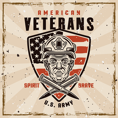 American veterans vector emblem with soldier head and two crossed bullets in vintage style. Illustration on background with removable grunge textures on separate layers