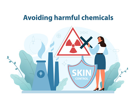 Avoiding harmful chemicals. Demonstrates proactive measures in skincare safety against hazardous substances. Vector illustration.