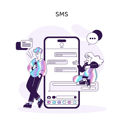 Text Messaging Interface. Characters interacting with SMS on a smartphone, symbolizing instant text-based communication. Efficient messaging technology. Vector illustration