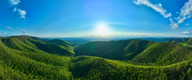 A serene panoramic taken with my drone over the Appalachian mountains near the George Washington National Forest.