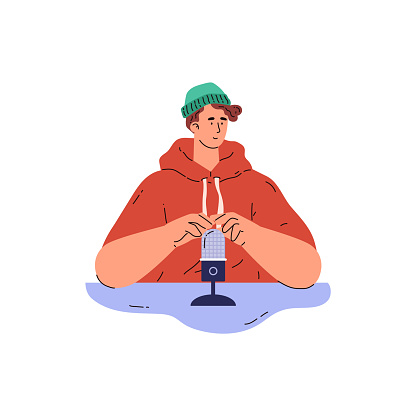 Content creator engaged in making ASMR sounds, vector illustration of a man with microphone focusing on audio relaxation techniques.