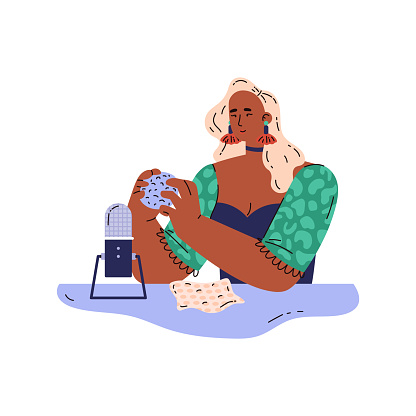 Content creator engaging in ASMR sound production, vector illustration with a microphone and tactile items for sensory stimulation.