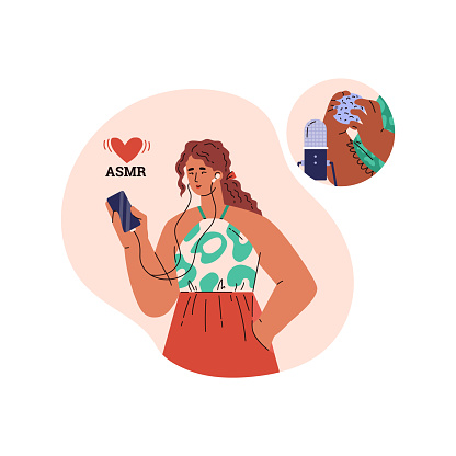 Woman enjoying ASMR sounds with headphones, with a microphone capturing audio detail. Vector illustration of sensory experience.