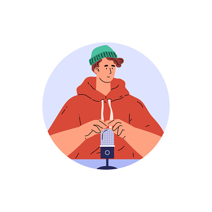 Cheerful ASMR artist creating soothing sounds with a microphone. Vector illustration showcases the joy of sound creation.