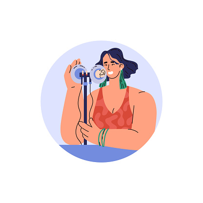 Content creator producing ASMR with a pair of microphones for a relaxing audio experience. Vector illustration of digital leisure activity.