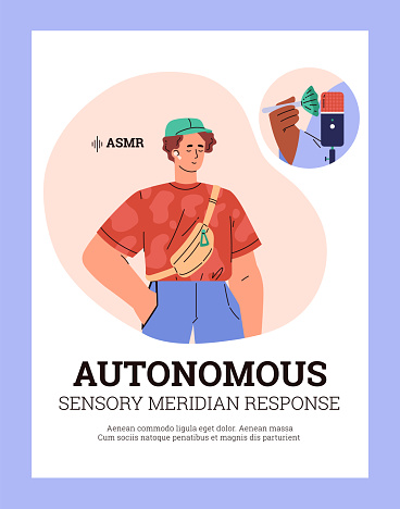 Relaxed man enjoying ASMR sounds, vector illustration set with audio wave and microphone imagery for calmness and wellbeing themes.