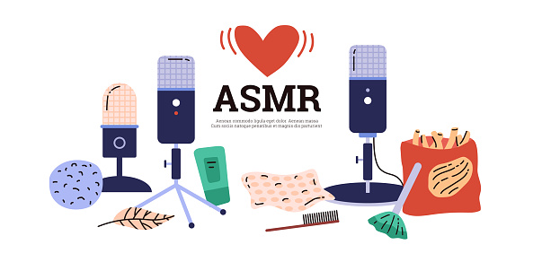 Vector illustration with an empty space for text on the ASMR theme: professional microphones, sheets of paper, packaging, air bubble wrapper and much more to create sensory content.