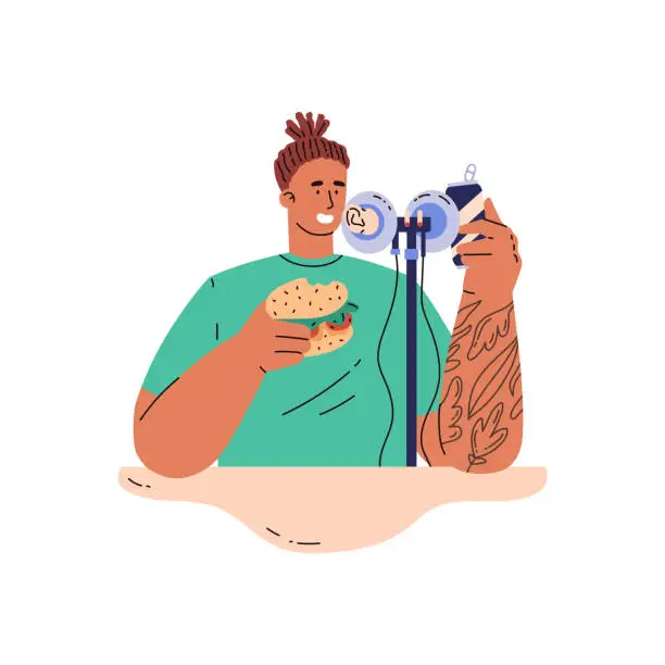 Vector illustration of Vector flat illustration of a young ASMR blogger guy with a microphone eating a delicious burger with soda