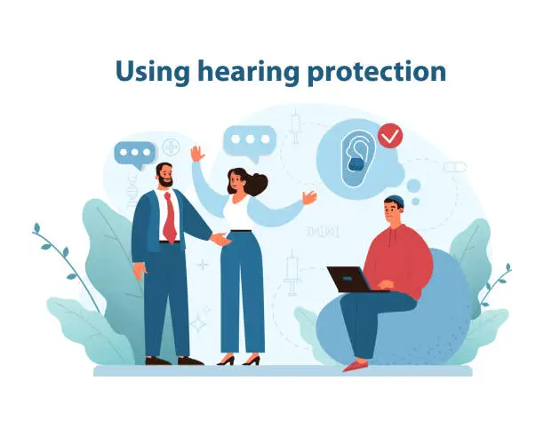 Vector illustration of Hearing Protection Use. Engaging vector illustration showcasing individuals using.