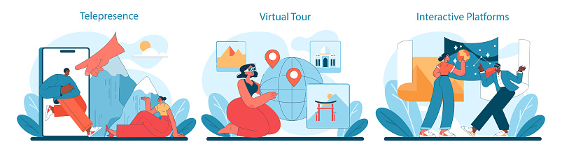 Virtual Tourism set. Seamless telepresence, engaging virtual tours, and dynamic interactive platforms for global exploration. Vector illustration.