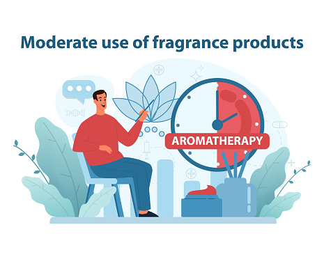 Fragrance Moderation Illustration. Man with aromatherapy products, promoting balanced use of scents for wellbeing and sensory health in a serene environment.