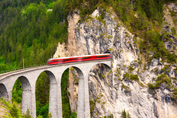 istock Swiss red train on viaduct in mountain, scenic ride 2117554133