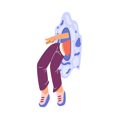 Person goes through teleport portal. Cartoon divided body part, legs and hand in hole or magic circle. Concept of travel in time and space dimension. Vector fantasy game illustration