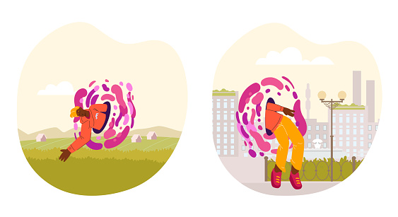 Adventure with a teleportation hatch. A man teleports from the city to the countryside. Vector image of a traveler using a teleportation hatch connecting skyscrapers to fields.