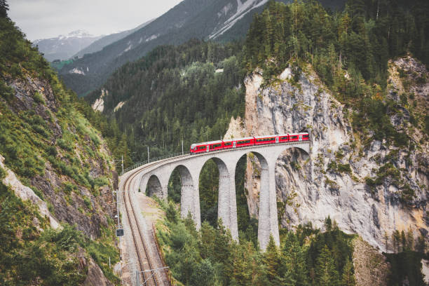 istock Swiss red train on viaduct in mountain, scenic ride 2117555258
