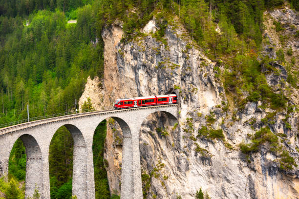 istock Swiss red train on viaduct in mountain, scenic ride 2117557891