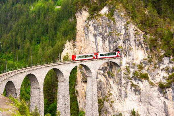 istock Swiss red train on viaduct in mountain, scenic ride 2117559654