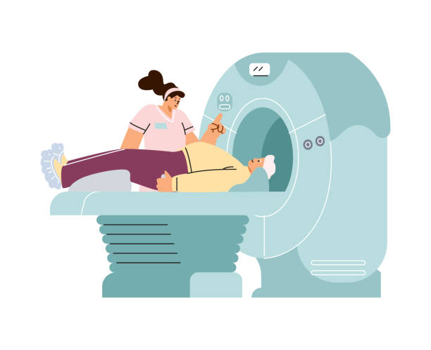 ilustraciones, imágenes clip art, dibujos animados e iconos de stock de ilustración vectorial del personal médico realizando un examen de resonancia magnética. - mri scanner cat scan mri scan cartoon