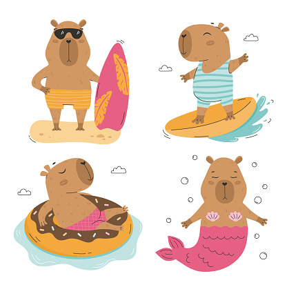 Funny summer tropical capybaras travel, surf and relax. Capybara with swim ring, with surf board on a sand beach, surfing in sea or ocean, with a mermaid tail. Cute animal characters vector set.