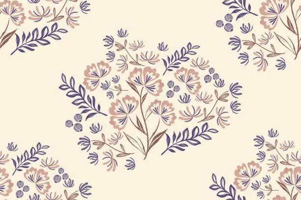 Vector illustration of Floral ditsy pattern seamless embroidery background border. Pink blue Flower motif. Vintage minimal style vector illustration. Hand drawn