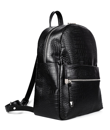 Black women's casual leather backpack close-up. Women's leather bag. High quality photo