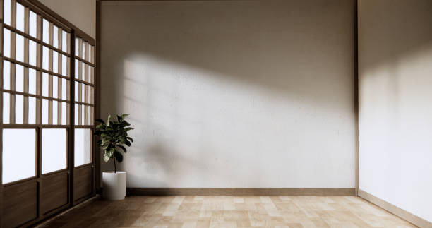 istock Shelf empty door on wall with wood floor design Japan style. 2117590129