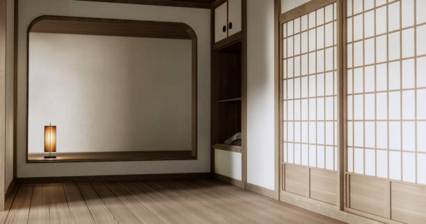 istock Shelf empty door on wall with wood floor design Japan style. 2117590657