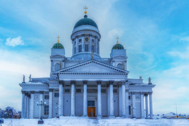White Helsinki Cathedral in Winter  with historic 19th century Evangelical Lutheran Cathedral. Old Town Helsinki in Summer, Kruununhaka, Finland, Nordic Countries, Northern Europe