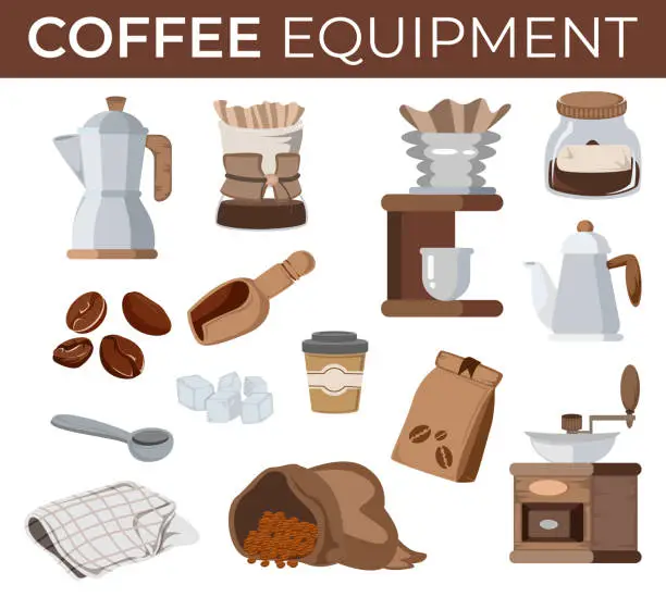 Vector illustration of equipment for making coffee drinks illustration set