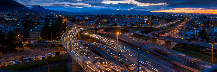 Panoramic night view of Quito Avenue and Bogota North Highway, you can see the Transmilenio transportation system and the usual traffic congestion in the afternoon.