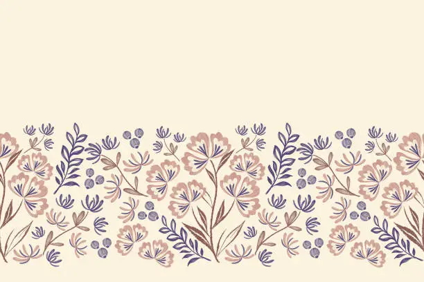 Vector illustration of Floral ditsy pattern seamless embroidery background border. Pink blue Flower motif. Vintage minimal style vector illustration. Hand drawn